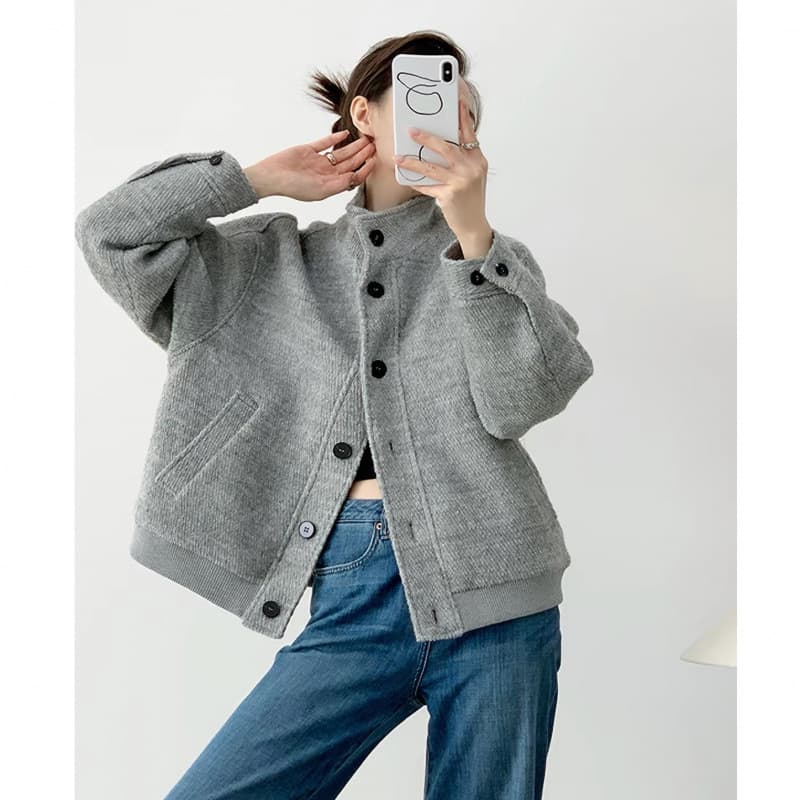 Gray Cropped Casual Jacket for Women 2026 New Early Autumn Petite Korean Style Loose Baseball Jacket Top