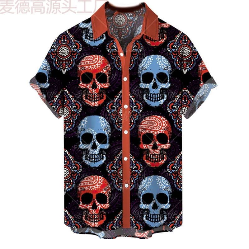 2024 Men's Halloween Shirt Funny Pumpkin Skull Short Sleeve Button Down Hawaiian Holiday Shirt