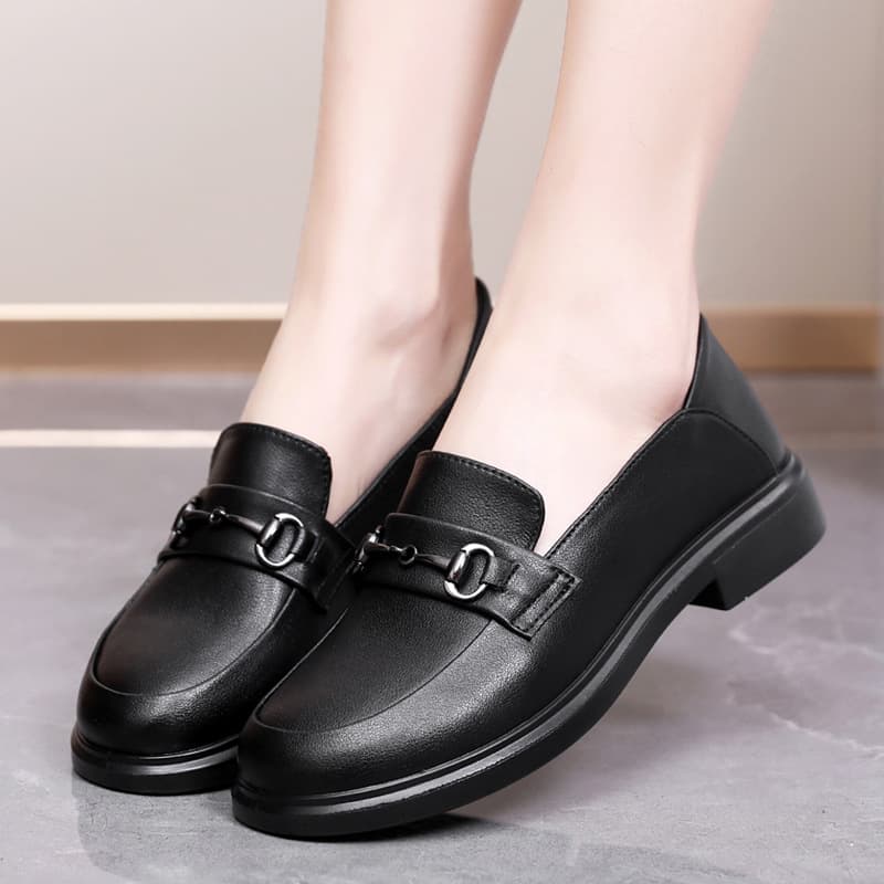 Spring New Women's Loafers Fashion Flat Shoes Korean Style Slip-on Work Shoes Top Layer Cowhide Block Heel Women's Shoes
