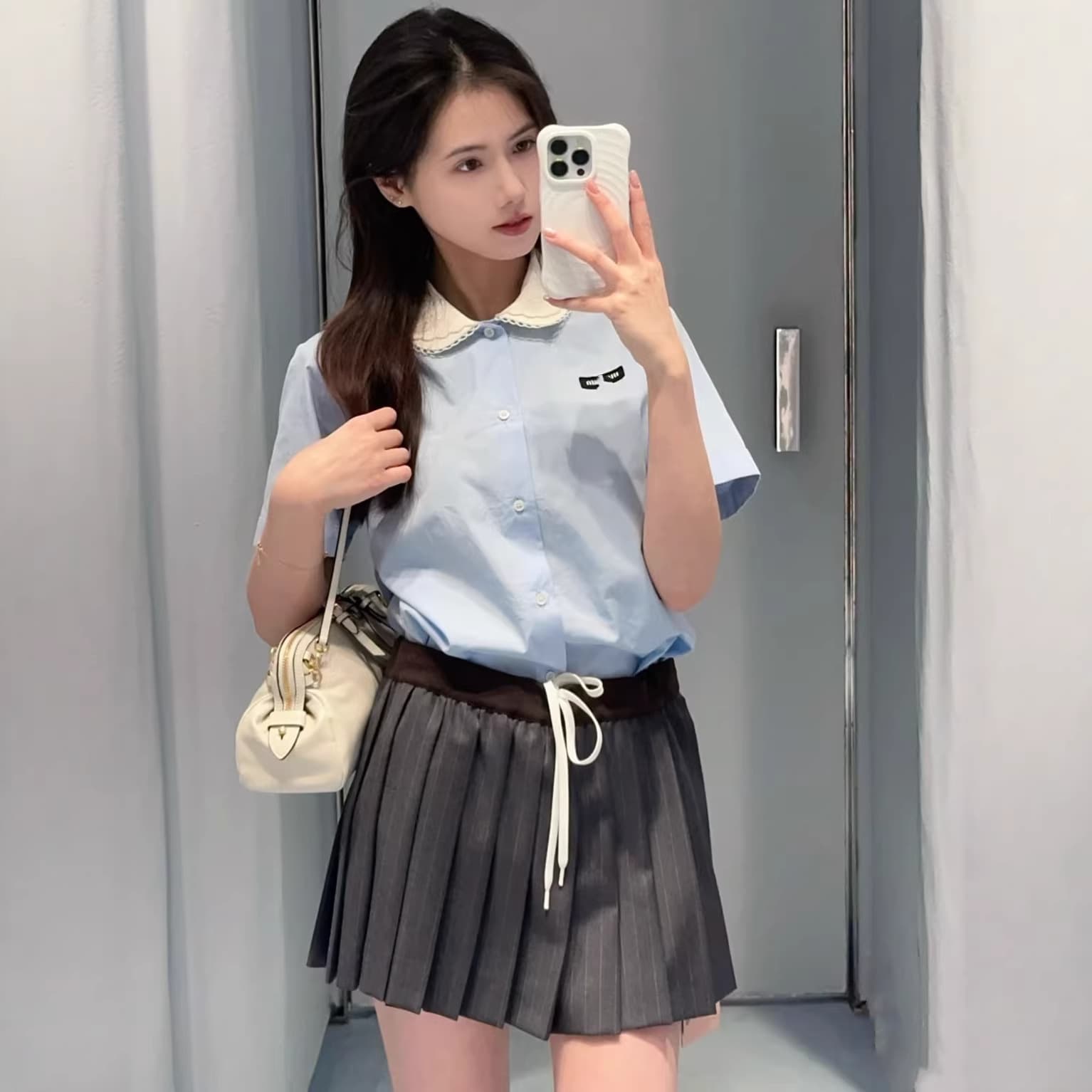 Cross-border Trade Correct Version MIU Miao Family Internet Celebrity Style Light Blue Peter Pan Collar Casual Short Sleeve Shirt for Women