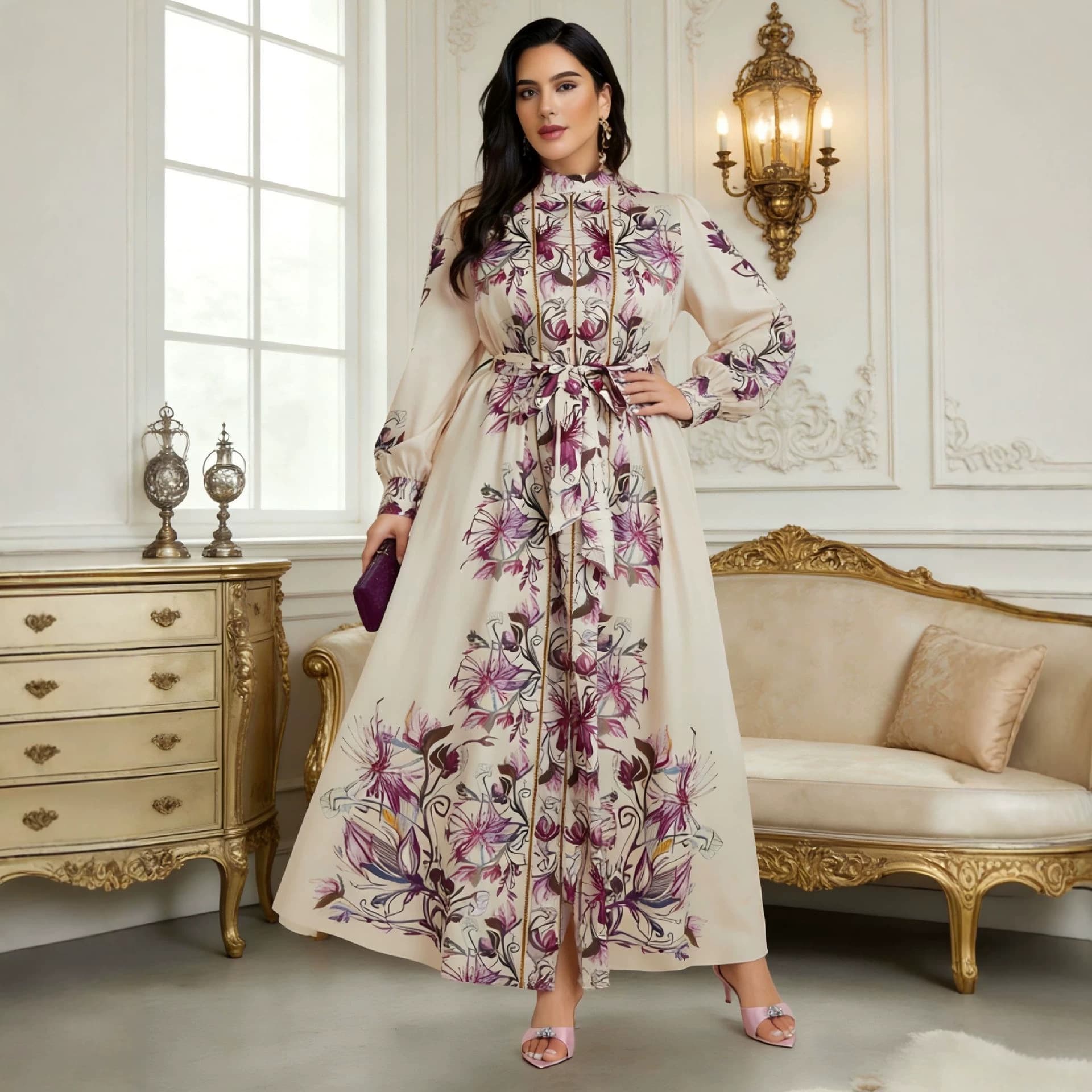 Cross-border plus size dress Early spring stand collar floral print palace style lantern sleeve waist dress
