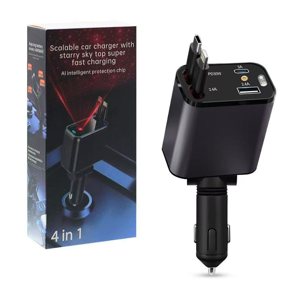 Cross-Border Multi-Function Car Charger Universal Vehicle Charger with Retractable Cable, 4-in-1 with Starry Sky Projector Ambient Light