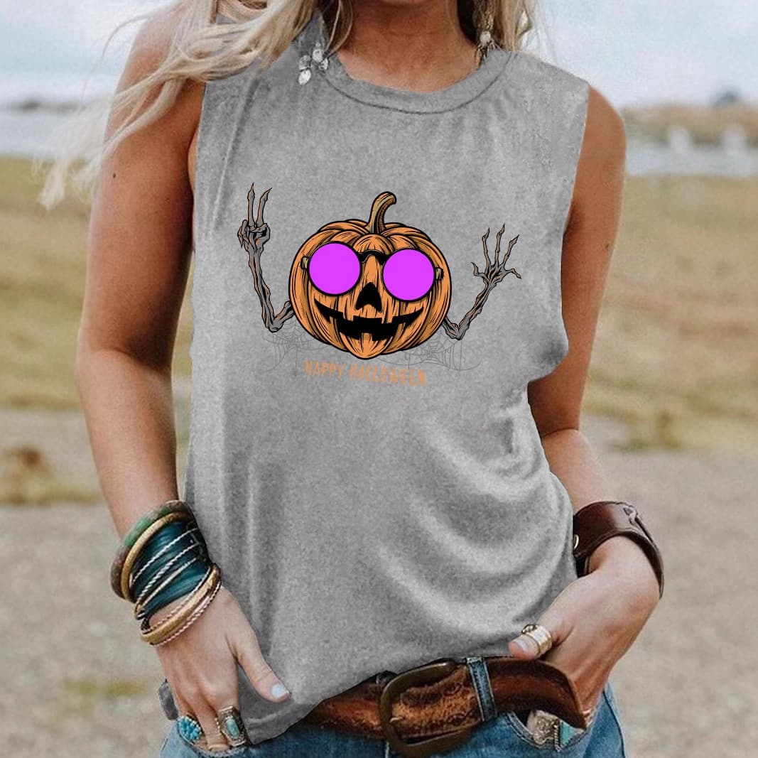 AliExpress cross-border shirt hot sale new product pumpkin head Halloween digital full print loose round neck sleeveless T-shirt