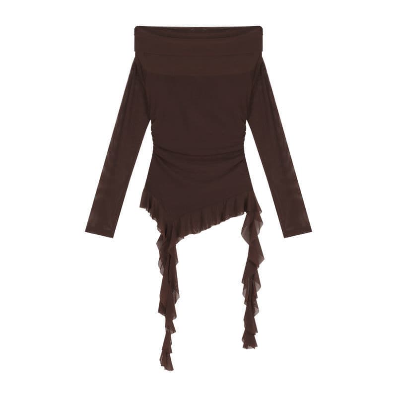 Pure and Alluring Versatile Top for Women Autumn Design Sense Off-Shoulder Lapel Long Sleeve Fitted Mesh Ribbon T-Shirt