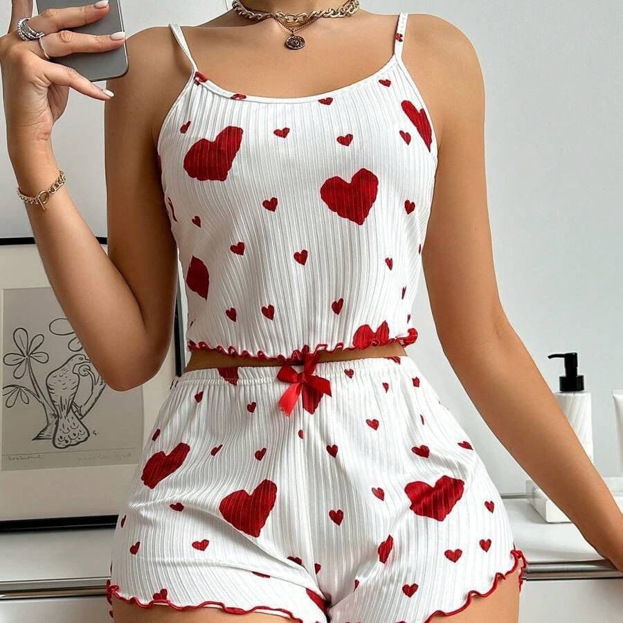 Best-selling Cross-border 2024 Summer New Sleeveless Camisole European and American Style Ribbed Girls Heart Print Pure Desire Sleepwear for Women