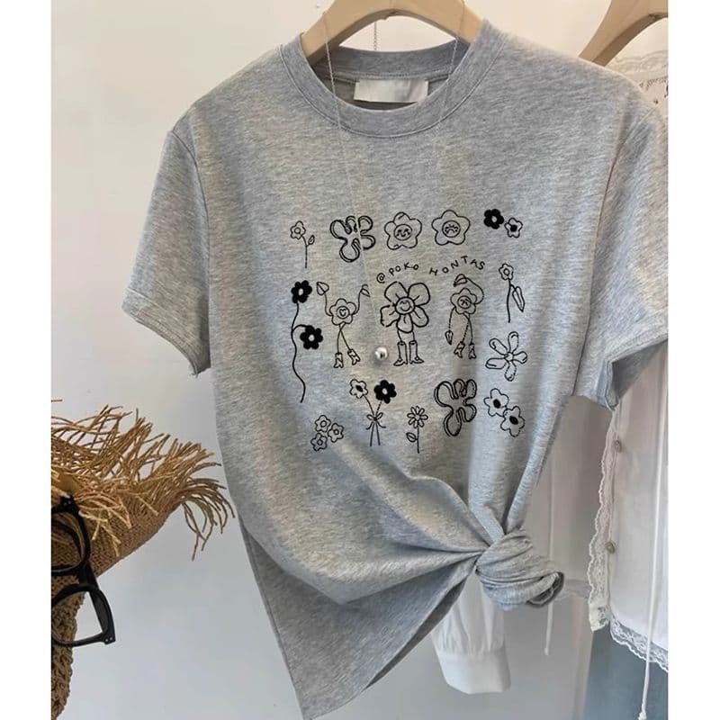 Niche Design Sense Shoulder Pure Cotton Crewneck Short-sleeved T-shirt Women's Fashionable All-match Western Style Grey Thin Summer Top