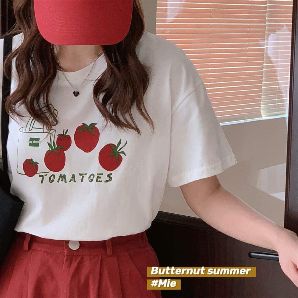 New Fashion White Pure Cotton Short Sleeve T-Shirt Women Summer Loose Design Sense Small Print Shoulder Top Fruit Pattern Crew N