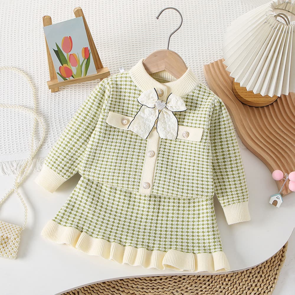 Baby Girl Sweater Set, Chanel-Style Plaid for Spring, Autumn, and Winter, Fashionable and Elegant Bow-Knit Dress Set