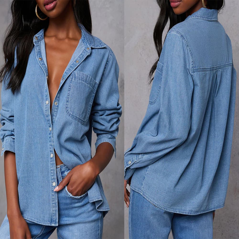 Women's Denim Shirt 2024 European and American Cross-Border Autumn Fashion Casual Versatile Pocket Loose Long Sleeve Top 16896