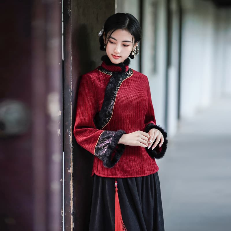 New Chinese Style National Trend Plus Size Women's Chenille Warm Retro Stand Collar Top Long Skirt Tea Art Zen Suit Set Women's Clothing