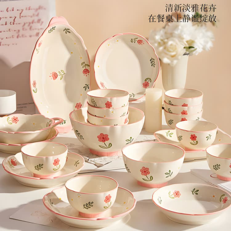 Pastel Pink Floral Ceramic Bowl and Dish Set, Household Dinnerware Set with Chopsticks, High Appearance Noodle Bowl, Double-Handled Bowl
