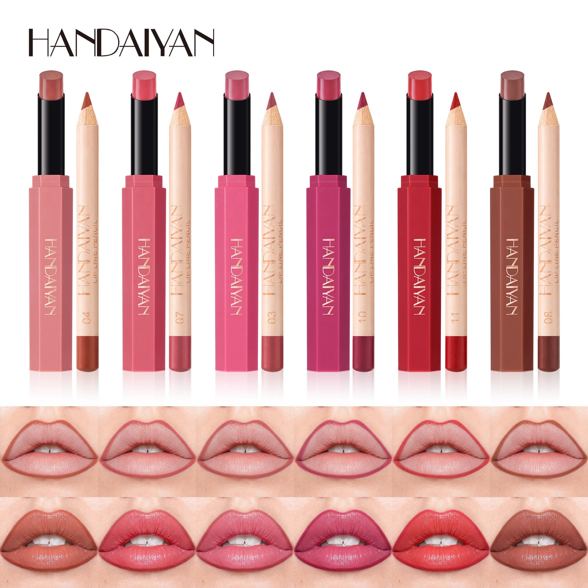 HANDAIYAN Lip Gloss and Lip Liner Combo Set, Moisturizing, Waterproof, Long-Lasting, Non-Fading Lipstick and Lip Pencil