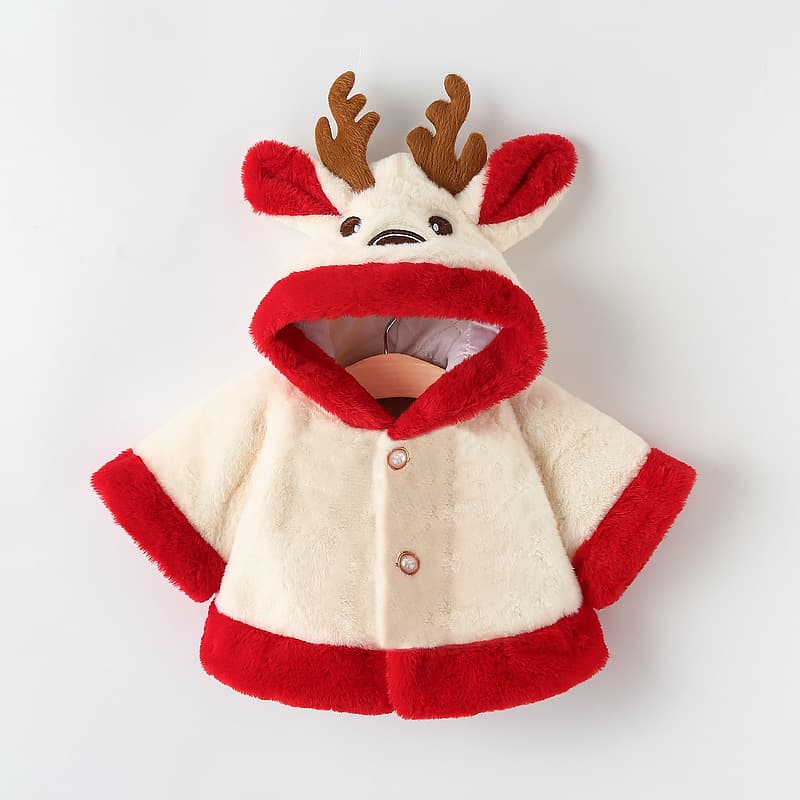 Christmas Edition Winter New Children's Wear Thickened Hooded Cape Coat, Warm Knitted Deer Antler Design Ready to Ship