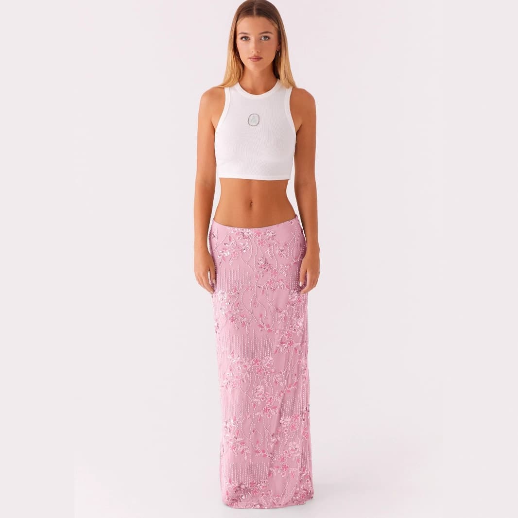 2025 Summer New Large Hem Sexy Trendy Bead Tube Sequin Embroidered Bodycon Slimming Long Skirt for Women