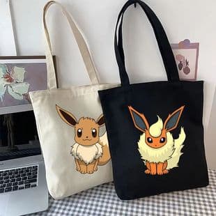 Anime Pokemon Eevee Canvas Tote Bag Large Capacity for Students Unisex