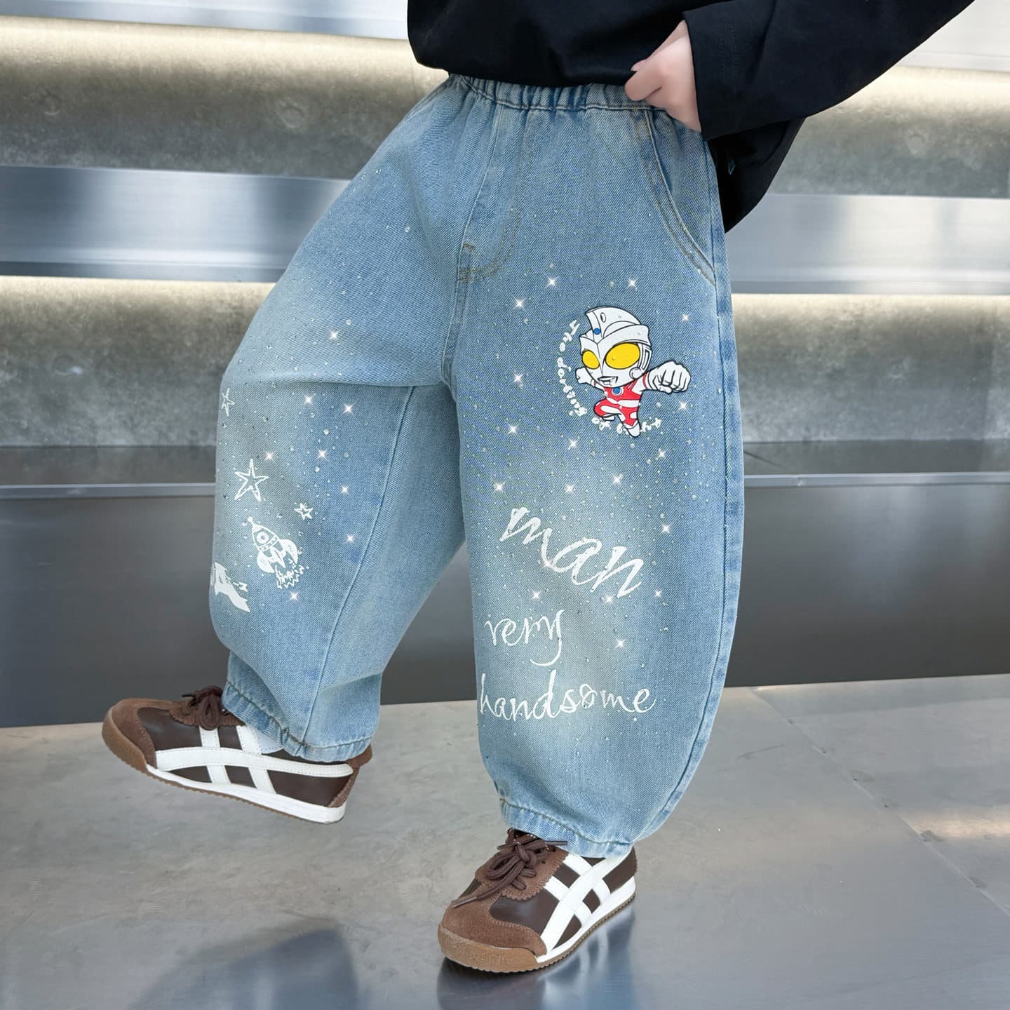 Ultraman Boy Rhinestone Jeans 2026 New Stylish Toddler Baby Long Pants Children Spring Pants