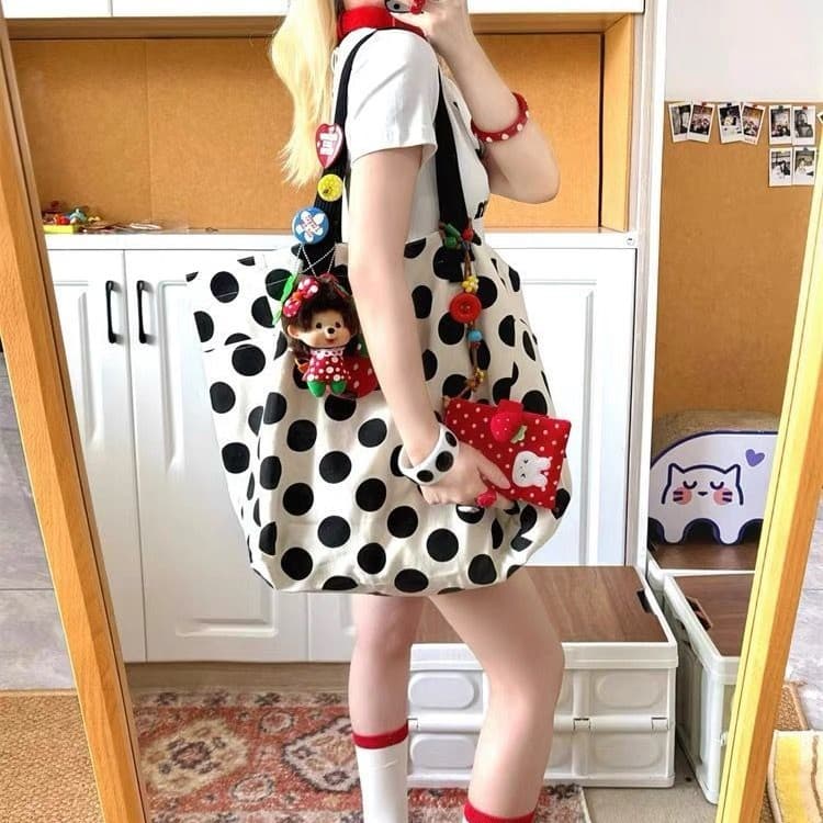 Korean style minimalist polka dot shoulder bag, relaxed style, student commuting, large capacity tote bag, double-sided canvas bag