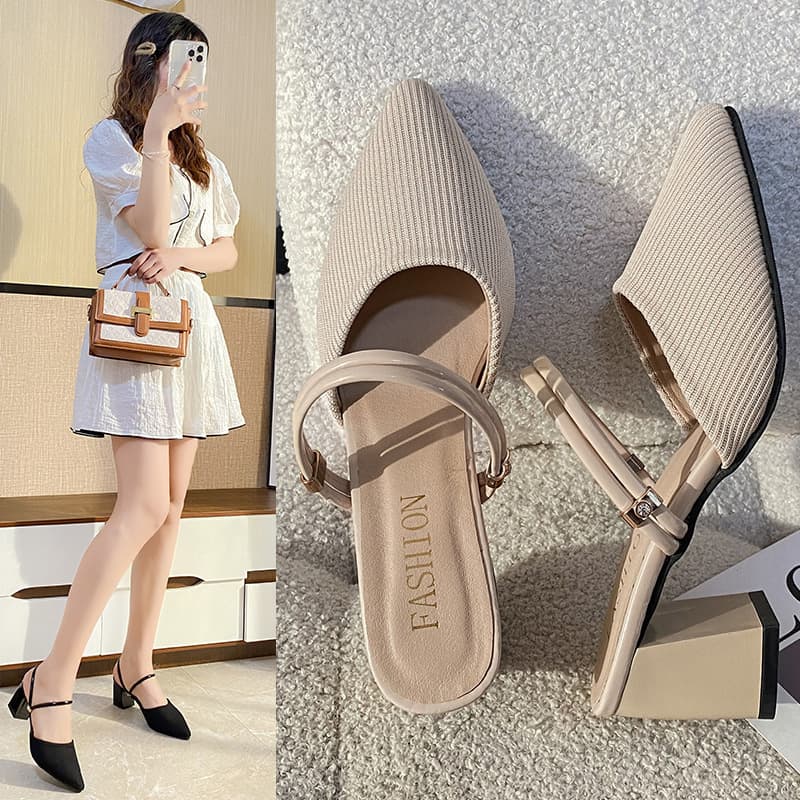 2025 New Pointed Toe Closed Toe Mid Heel Chunky Heel Slipper Sandals for Women Summer Breathable Fabric Outdoor Wear