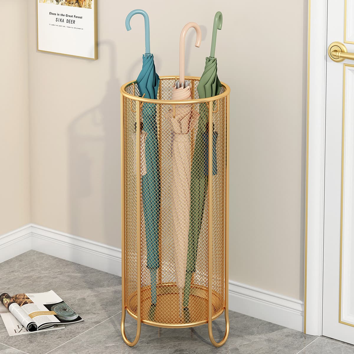 Luxury iron umbrella stand, floor-standing for hotel lobbies, commercial use, home entryway umbrella storage
