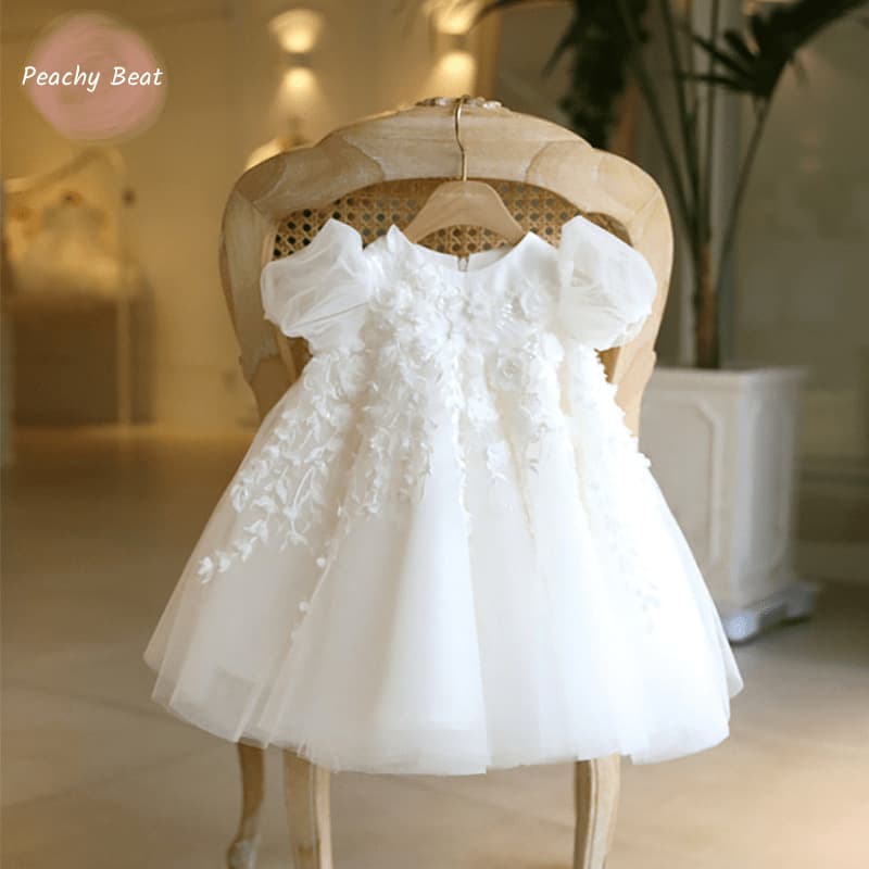 First Birthday Dress Baby Girl Tulle Skirt White Lace Elegant Children's Birthday Party Princess Dress Wedding Flower Girl Gown