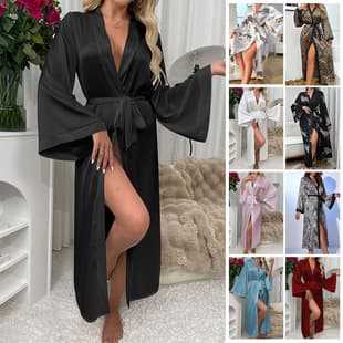 Women's Long Sexy Bathrobe Sleepwear Comfortable Loungewear Tie-Front Cardigan Homewear 211+838