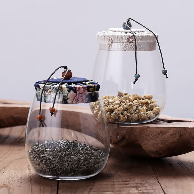 Floral Cloth Lid Glass Tea Can High Borosilicate Storage Container Household Grains Storage Bottle Retro Style Tea Cake