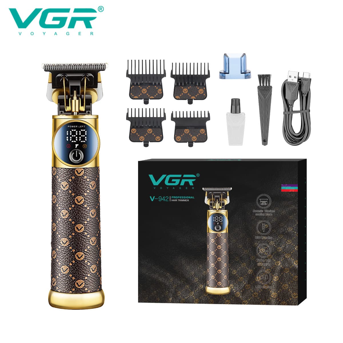 Electric Hair Clipper Men's Leather Metal Body Display Carving Oil Head Push Cut Rechargeable Brush Motor Stainless Steel Blade