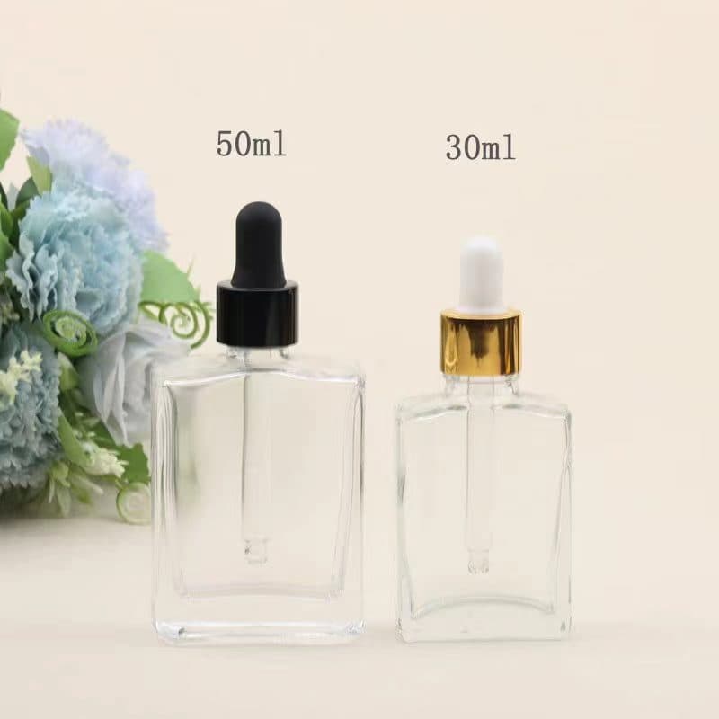 In Stock 15ml Glass Dropper Bottle for Essence, Serum, Transparent Essential Oil Flat Square Bottle