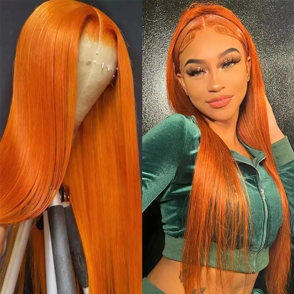 Orange Long Straight Hair Front Lace Wig Body Lace Closure Wig Lace Frontal Hairpiece Natural Looking for All Skin Colors