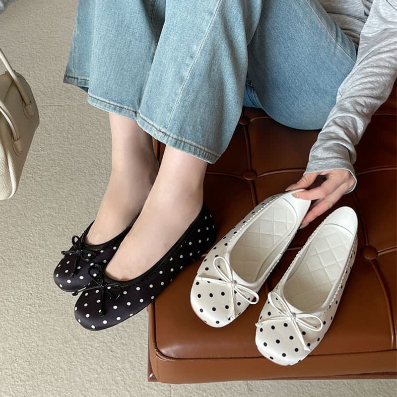 Women's Shoes 2026 Spring Autumn New Korean Style Comfortable Flats Polka Dot Bow Low Heel Shoes