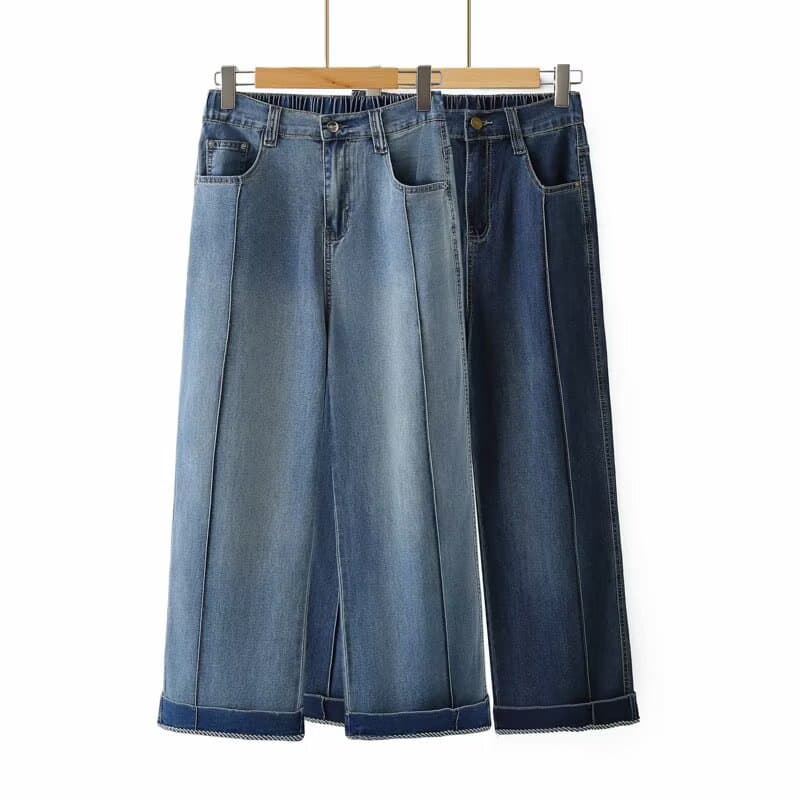 2025 Spring/Summer Plus Size Women's Jeans Elastic Waist Fashion Straight Leg Pants Fat Girl Cropped Pants Slimming High Waist Pants 8656