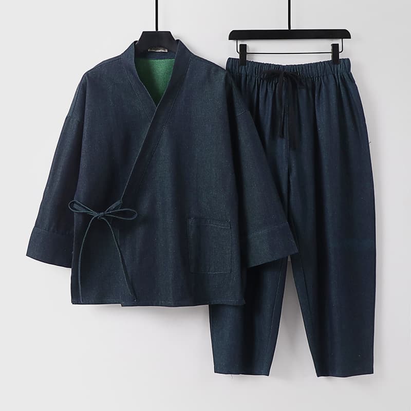 Chinese Style Denim Tang Suit Men's Set, Seven-Point Sleeve, Loose Retro Zen Monk Robe, Autumn New Plus Size Men