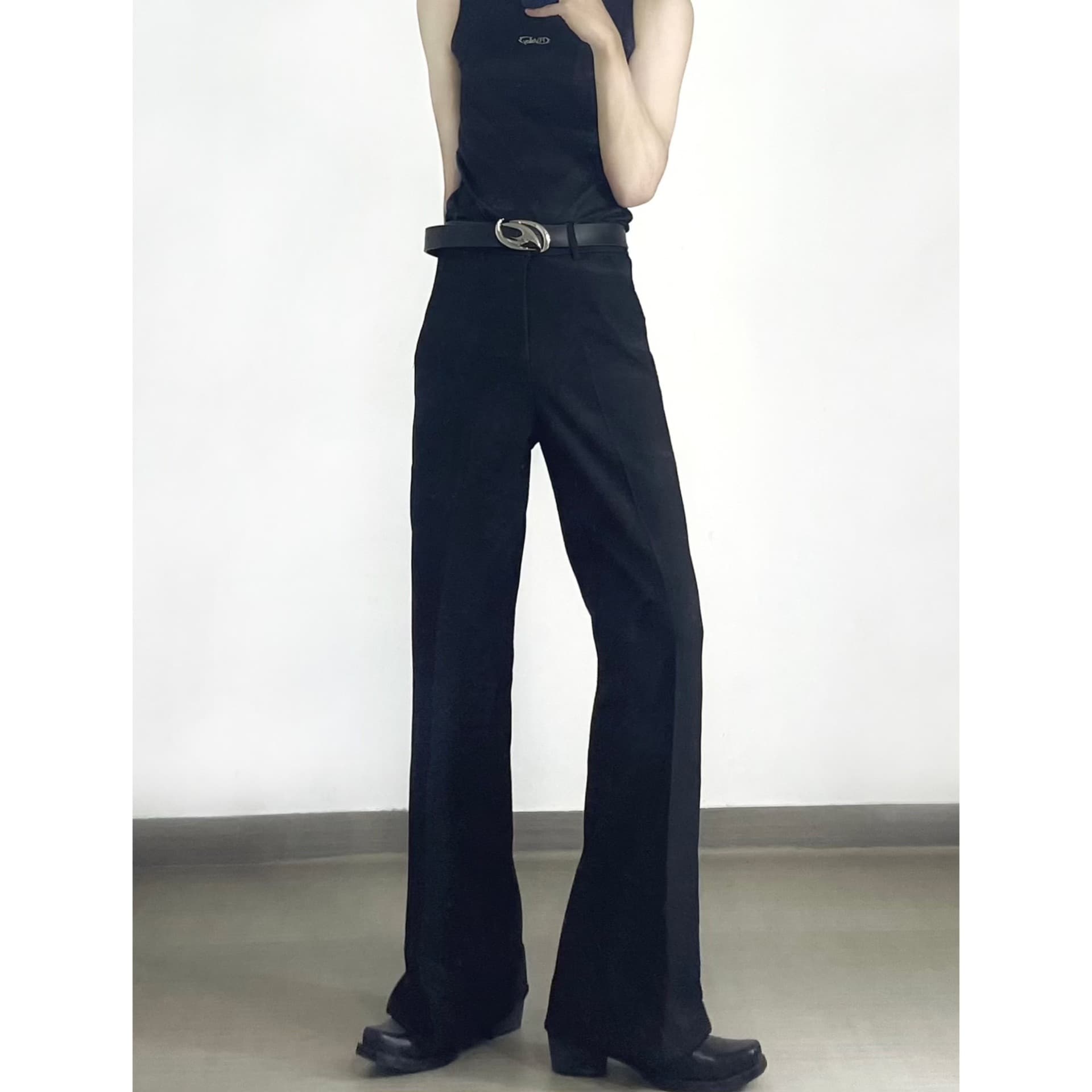 Niche High-Street Vibe Flared Trousers with Split Hem for Men, Spring and Fall High-End Stacked Floor-Length Pants