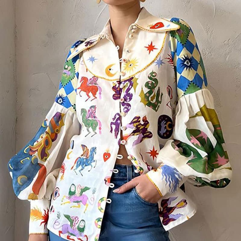 2026 spring new women's clothing cross-border European and American style shirts lantern sleeve lapel printed shirt tops for women