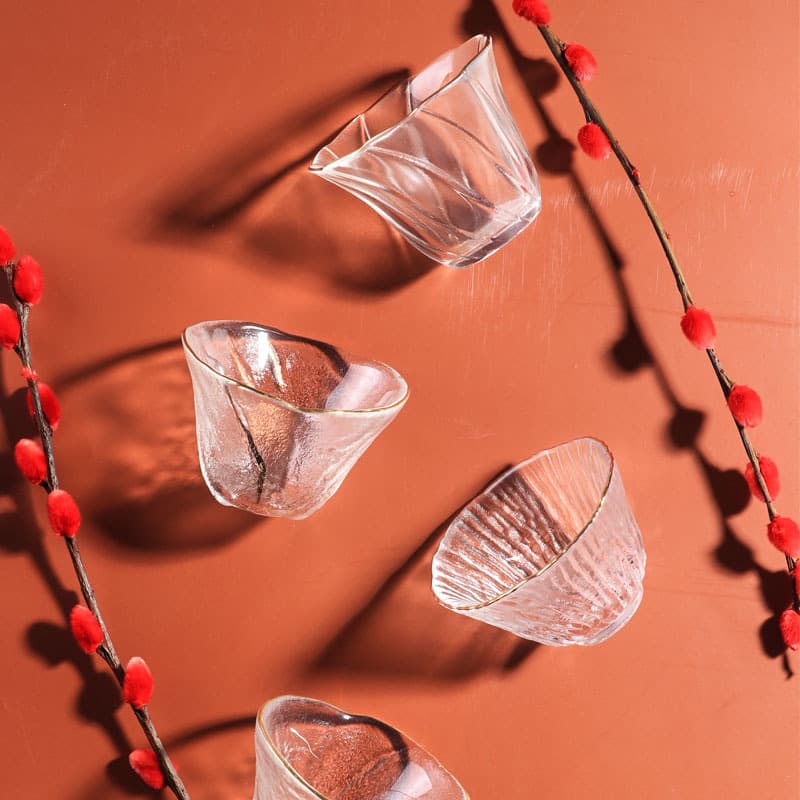 Japanese Transparent Glass Teacup Single Cup Gold-Traced Hammered Pattern Tea Tasting Cup Zen Style Household Personal Small Cup Bowl Tea Cup Wine Cup