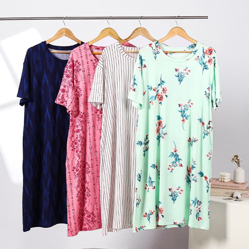 Summer Milk Silk Printed Nightgown for Middle-aged and Elderly Mothers, Short Sleeve Plus Size Homewear, Wearable Outside Long Dress