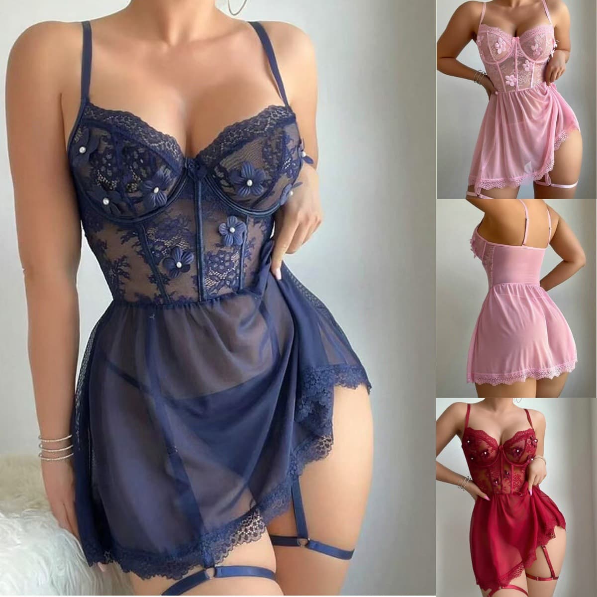 European and American Sexy Lingerie Lace See-through Hollow Out Push-up Strap Nightgown Sleepwear Set