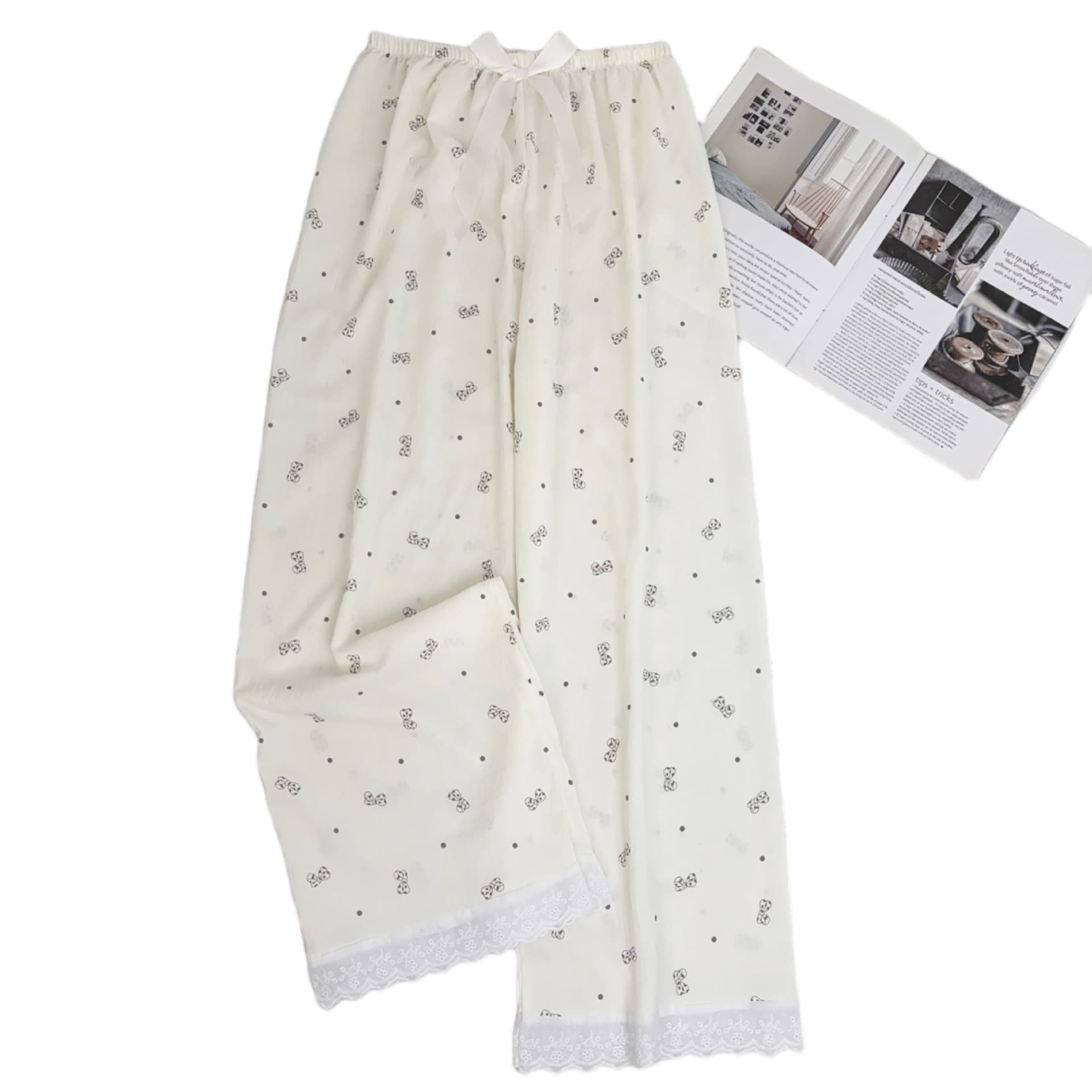 Lace Trim Loungewear Pajama Pants, New Spring/Summer/Fall Style, Cloud Cotton Lace Wide-Leg Pants, Cute and Sweet Girly Home Pants