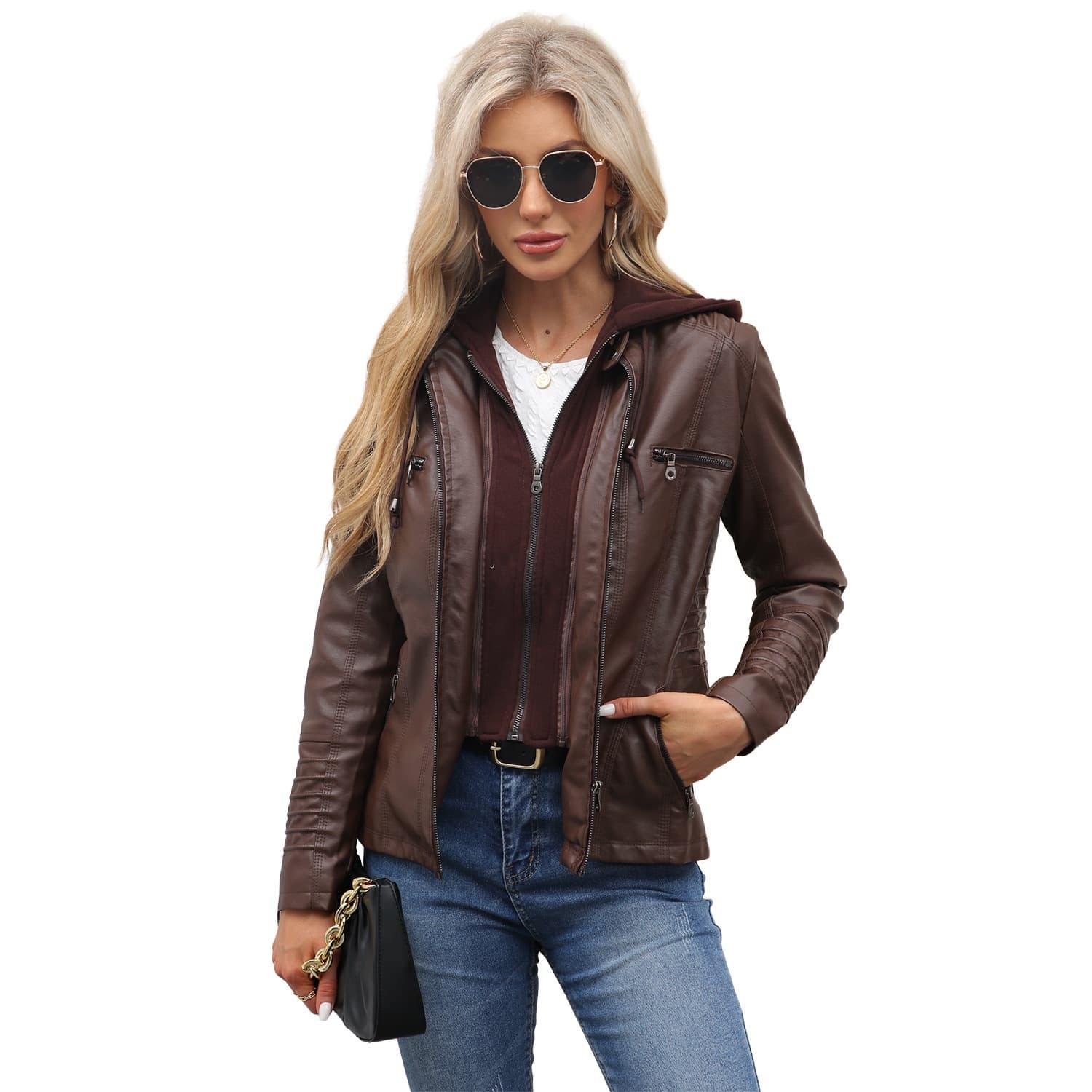 23 European and American Cross-Border Hooded Leather Jacket Two-Piece Set Detachable Plus Size PU Washed Leather Jacket for Women Spring and Autumn Outerwear