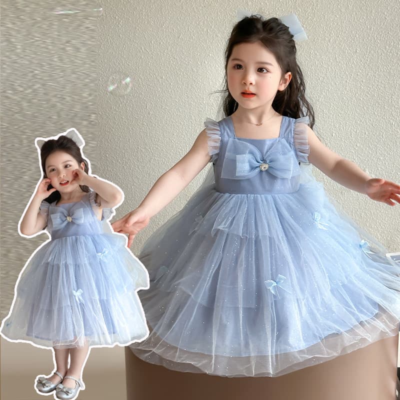 Girls Summer Bowknot Mesh Skirt Children's Summer Wear 2026 New Dress Girl Birthday Party Dress
