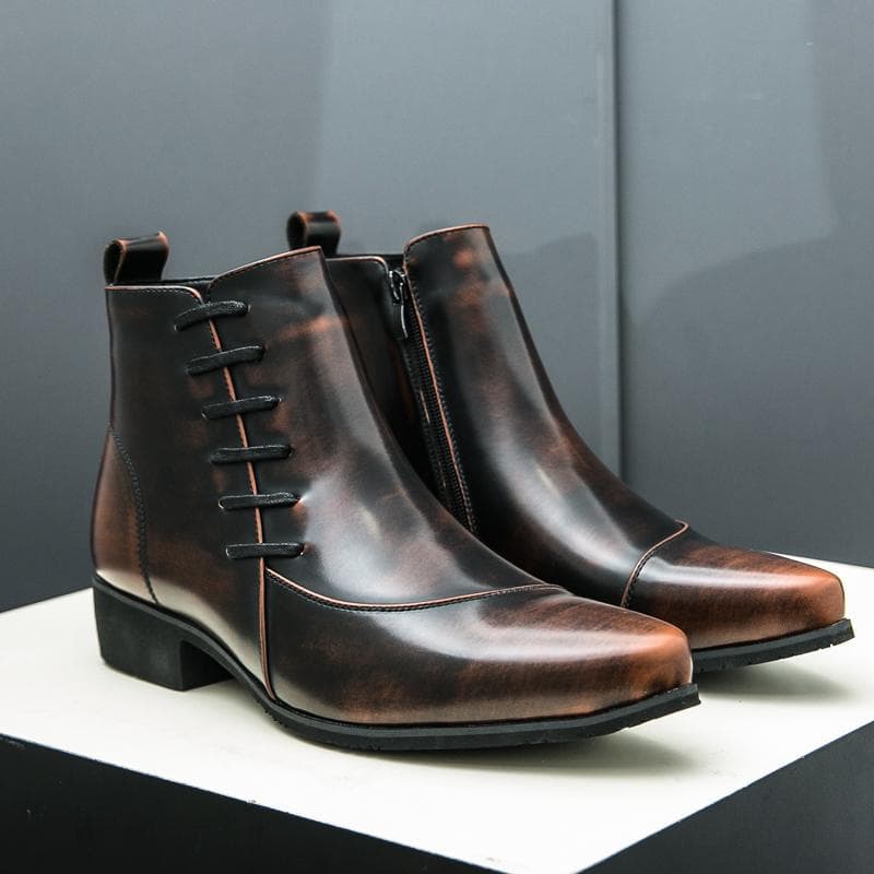 Cross-Border Large Size Men's High-Top Side Zipper Two-Tone Leather Shoes British Style Fashion Pointed-Toe Rider Boots Casual Trendy Shoes