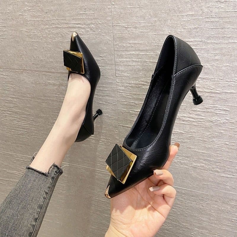 French High Heels for Women Thin Heel Elegant Comfortable Pointed Toe Square Buckle Mid Heel Low-Cut Pumps 2026 Spring Autumn New