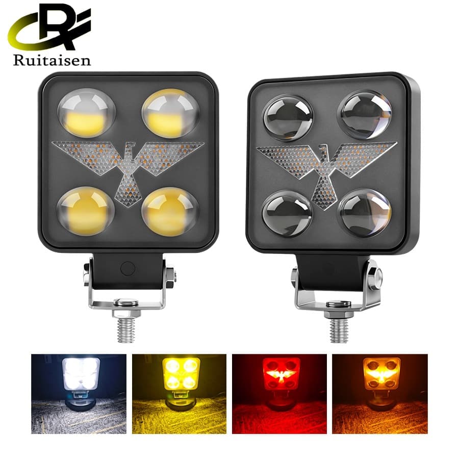 Cross-border Car 3-inch 20W Square LED Lens 4-Bulb Eagle Red Blue Multi-Mode Front Bumper Light Forklift Light Inspection Light