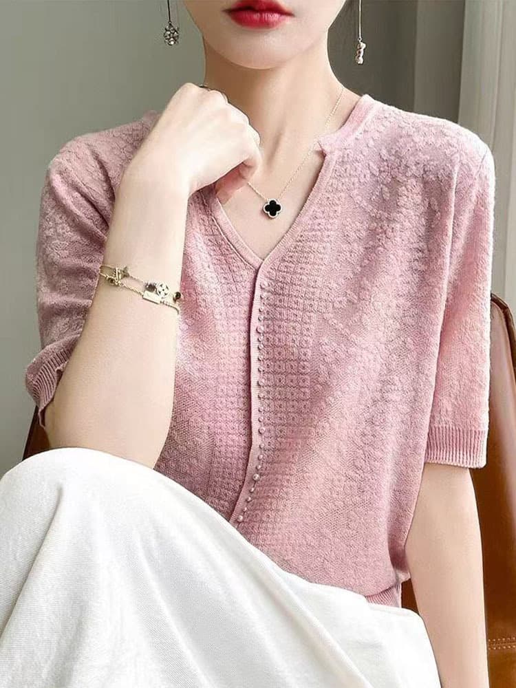 Summer dark floral jacquard pearl V-neck sweater for women, exquisite beading, slimming, gentle style, cross-border