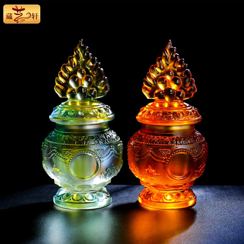 Crystal Eight Auspicious Symbols Mani Vase Offering Bottle Tantric Buddhist Ritual Implements, Wealth God Offerings, Lotus Vase Tibetan Ornament