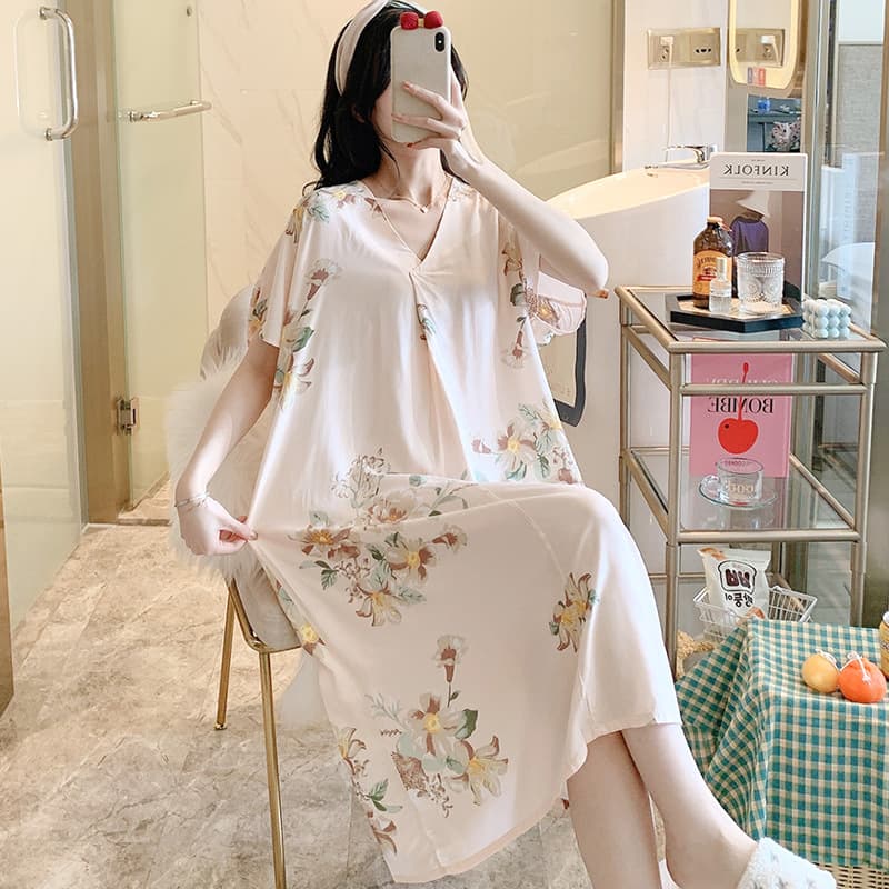V-Neck Light Cotton Sleepwear Dress for Women Summer Thin Rayon Plus Size Home Dress Elegant Wearable Out Cotton Sleep Dress