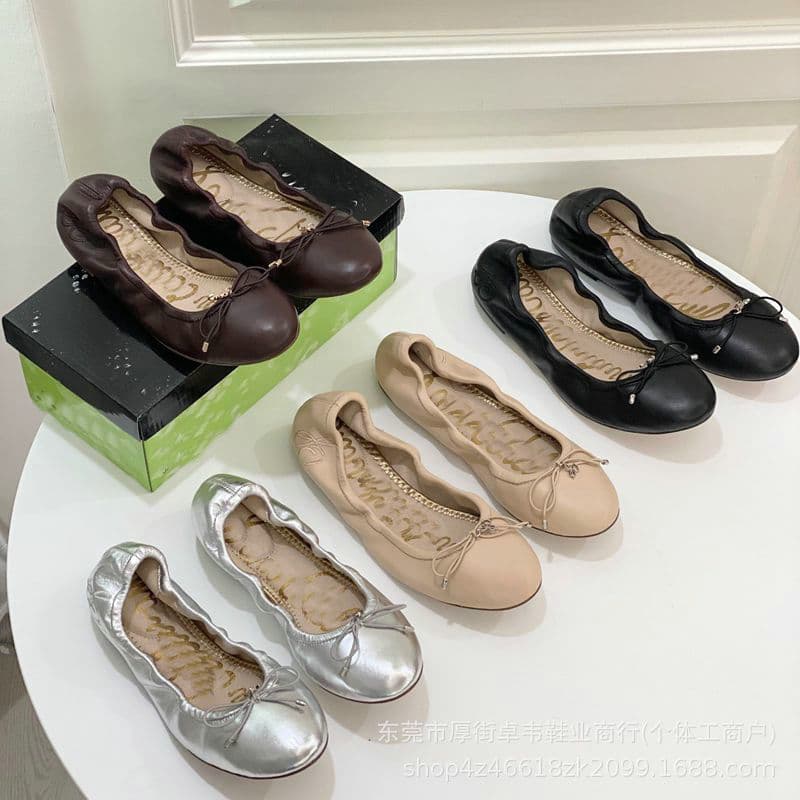 Original Factory Guangdong Goods! European and American Genuine Leather Women's Flats, Shallow Mouth Flat Bow Ballet Shoes, Soft Sole Ballet Dance Shoes