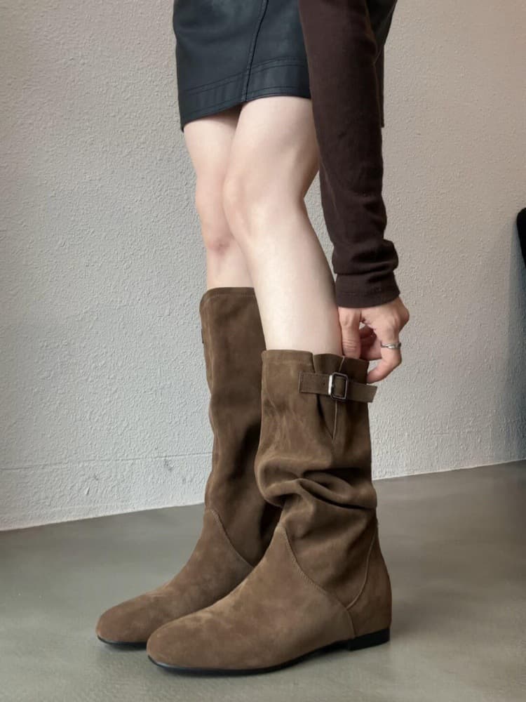 Sheepskin version~retro pointed toe genuine leather pleated western cowboy boots for women with increased inner height and versatile lazy style below the knee boots