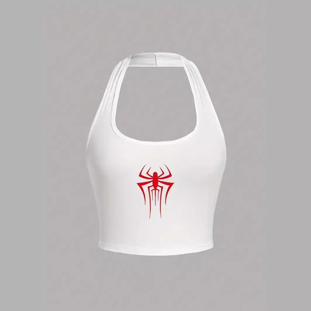 2024 Amazon US & EU Summer New Women's U-Neck Tight Crop Top Spider Print Halter Vest