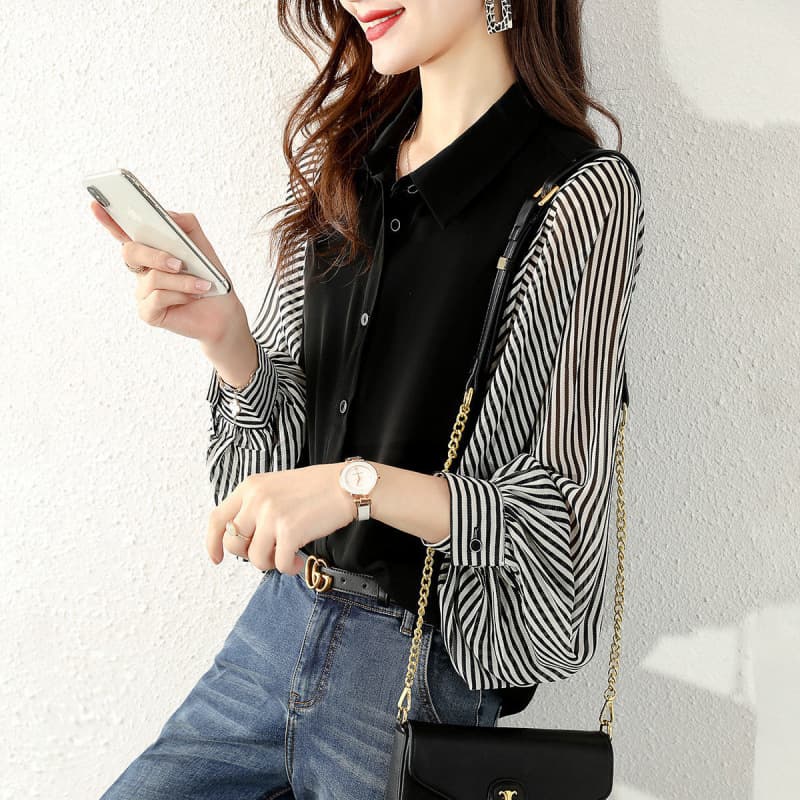 Fashionable and Versatile Export Version Summer Clothing, New Loose-Fitting Sun-Protective Shirt, Striped Chiffon Top